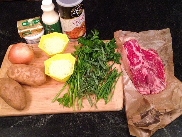 Sean Brock's Grilled Hangar Steak and Vidalia Onion Gratin Ingredients, prepared by Ben Trivett